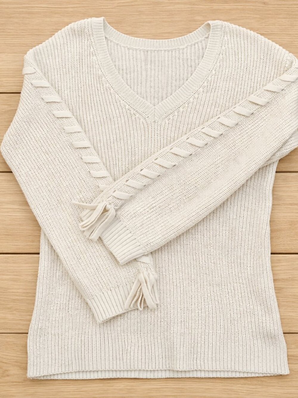 AE Cream Knit V-Neck Sweater Braided Sleeve Cozy Neutral Cottagecore Normcore